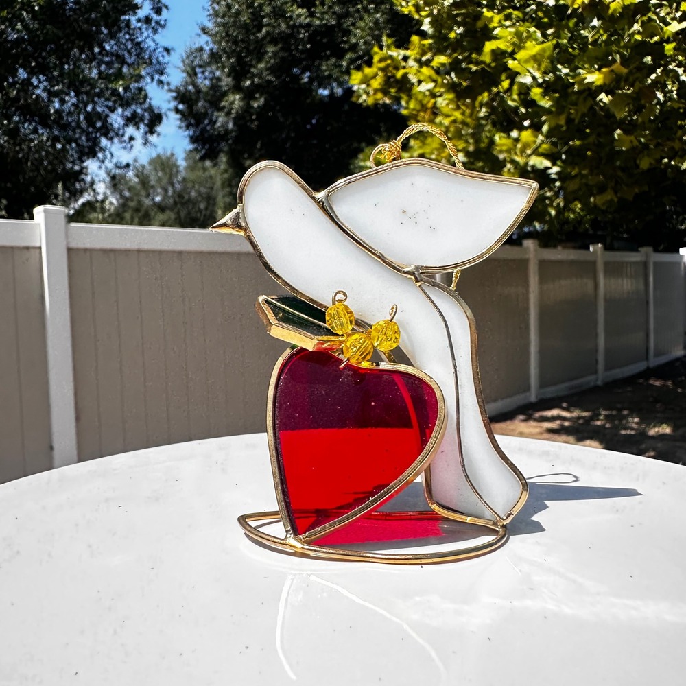Vintage Stained Glass White Dove Red Apple Christmas Ornament‎ Suncatcher Decor